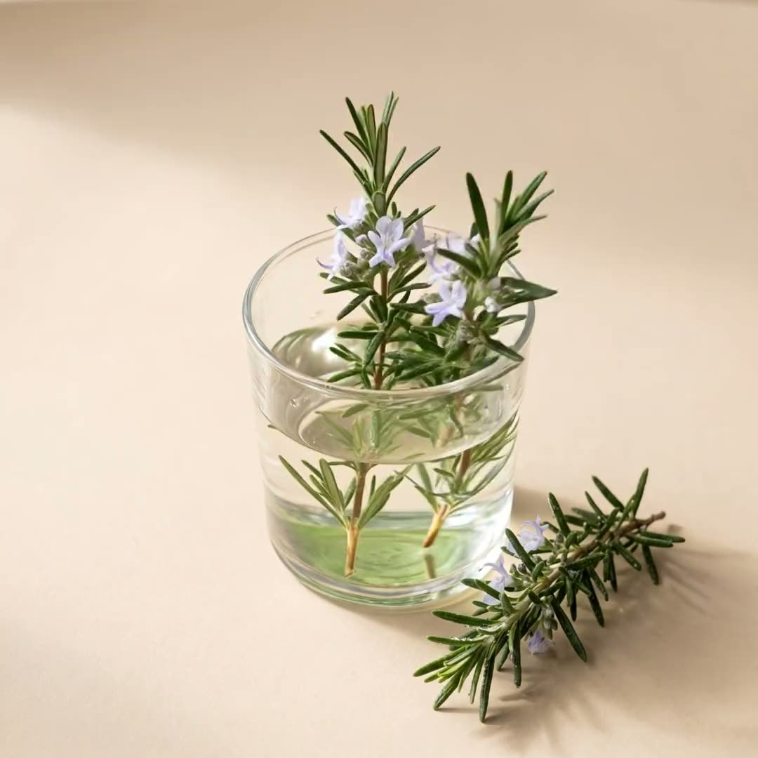 A sprig of fresh rosemary in flower on a sand-coloured surface